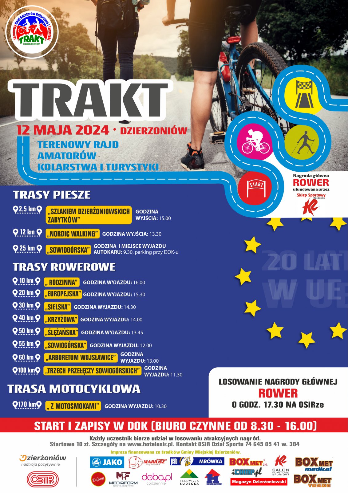 Plakat wydarzenia ze zdjeciem rowerzysty i dużym napisem TRAKT