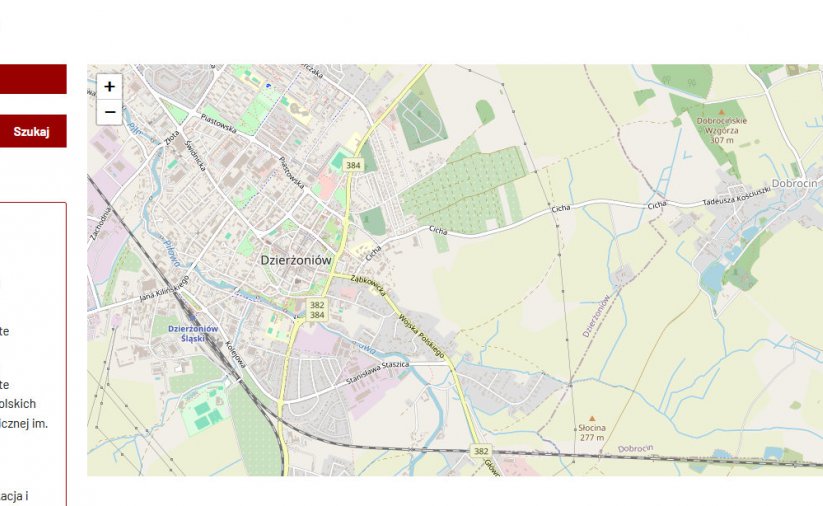 Fragment mapy miasta z wyszukiwarką obwodów i adreasmi komisji wyborczych