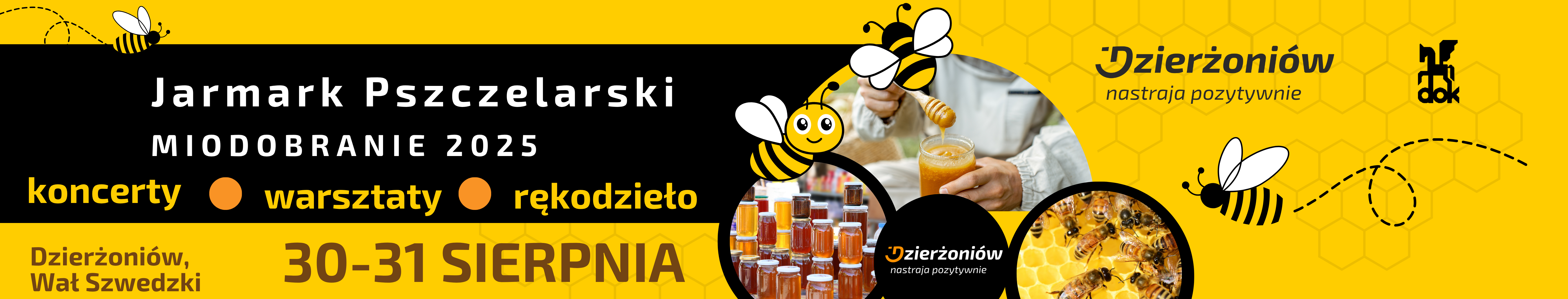 Grafika z żółtym tłem, zdjęćiami miodu i napisem Miodobranie 2025