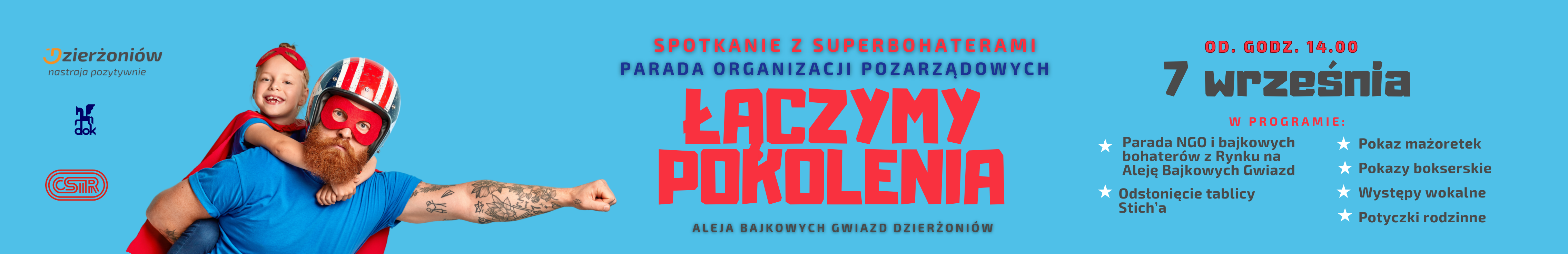 Grafika z niebieskim tłem, mężczyzna z stroju superbohatera i dzieckiem na barana oraz programem festynu 7 września