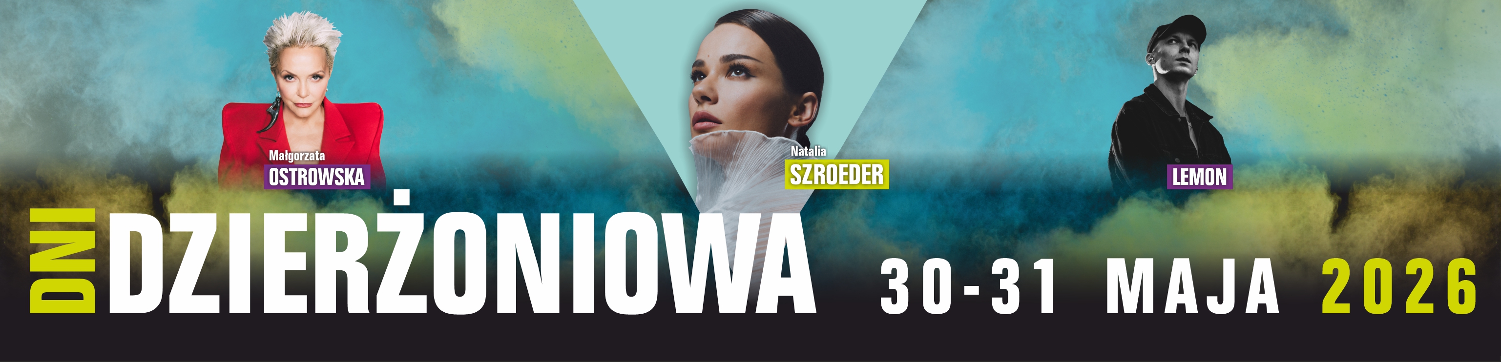 Grafika zapowiadająca dni miasta z trzema zdjęćiami artystów, którzy na nich wystąpią