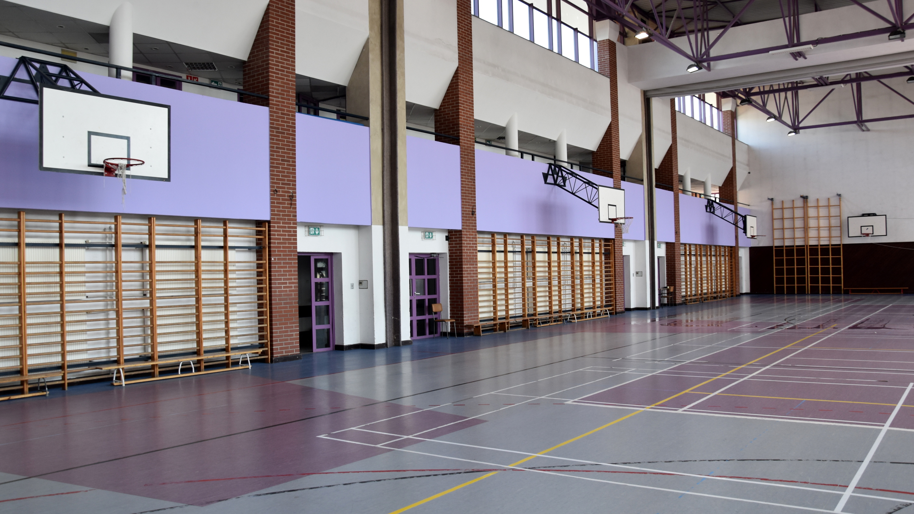 Sala gimnastyczna, przy ścianach drabinki, fioletowe ściany