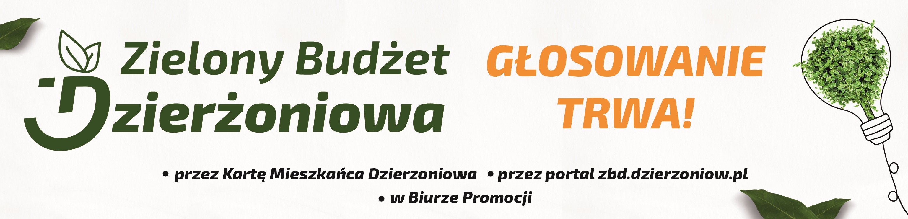 Winieta z logo Zielonego Budżetu Dzierżoniowa i napisem "Głosowanie trwa"