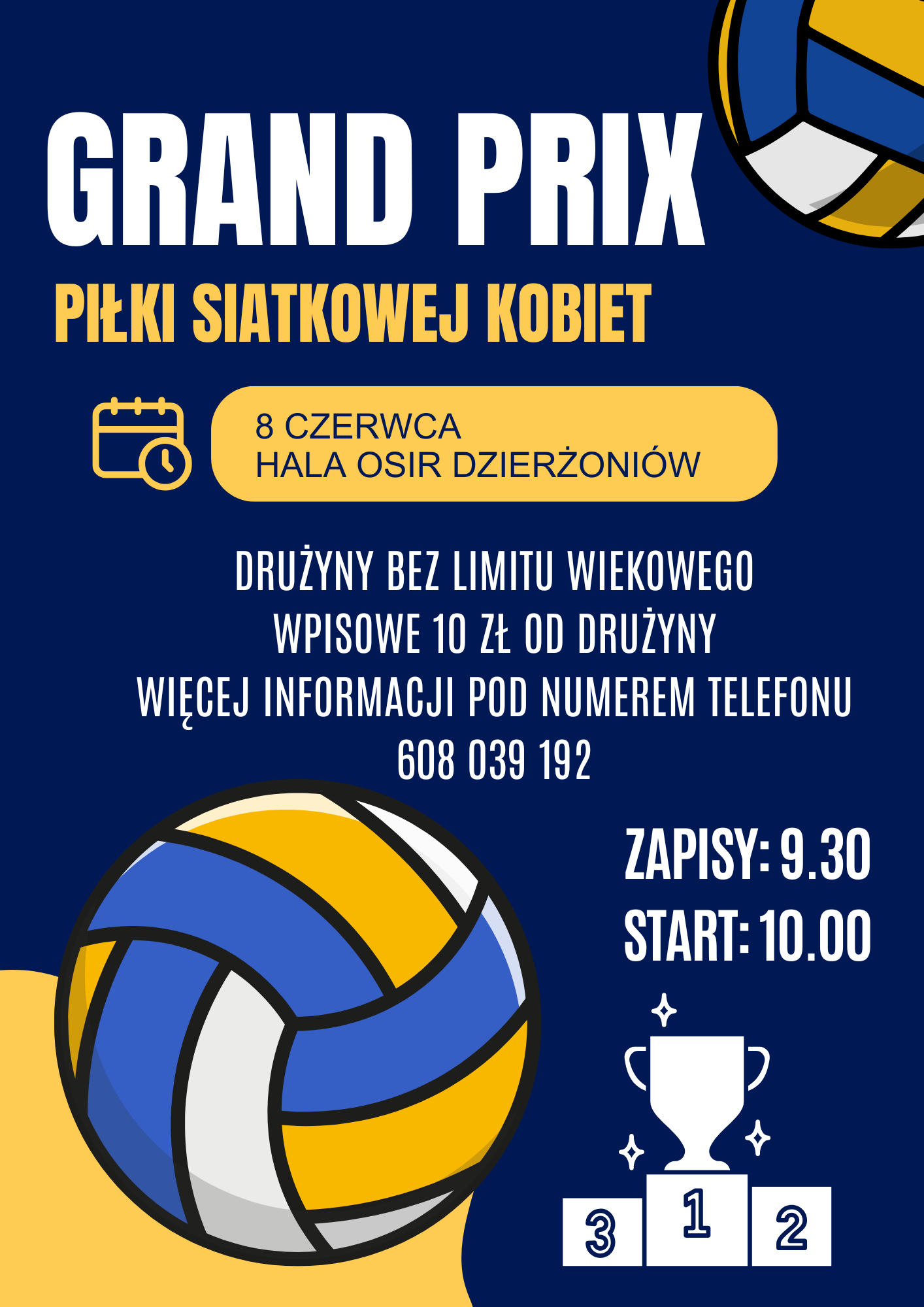 Plakat z informacjami podanymi w tekście i grafikami piłek do siatkówki