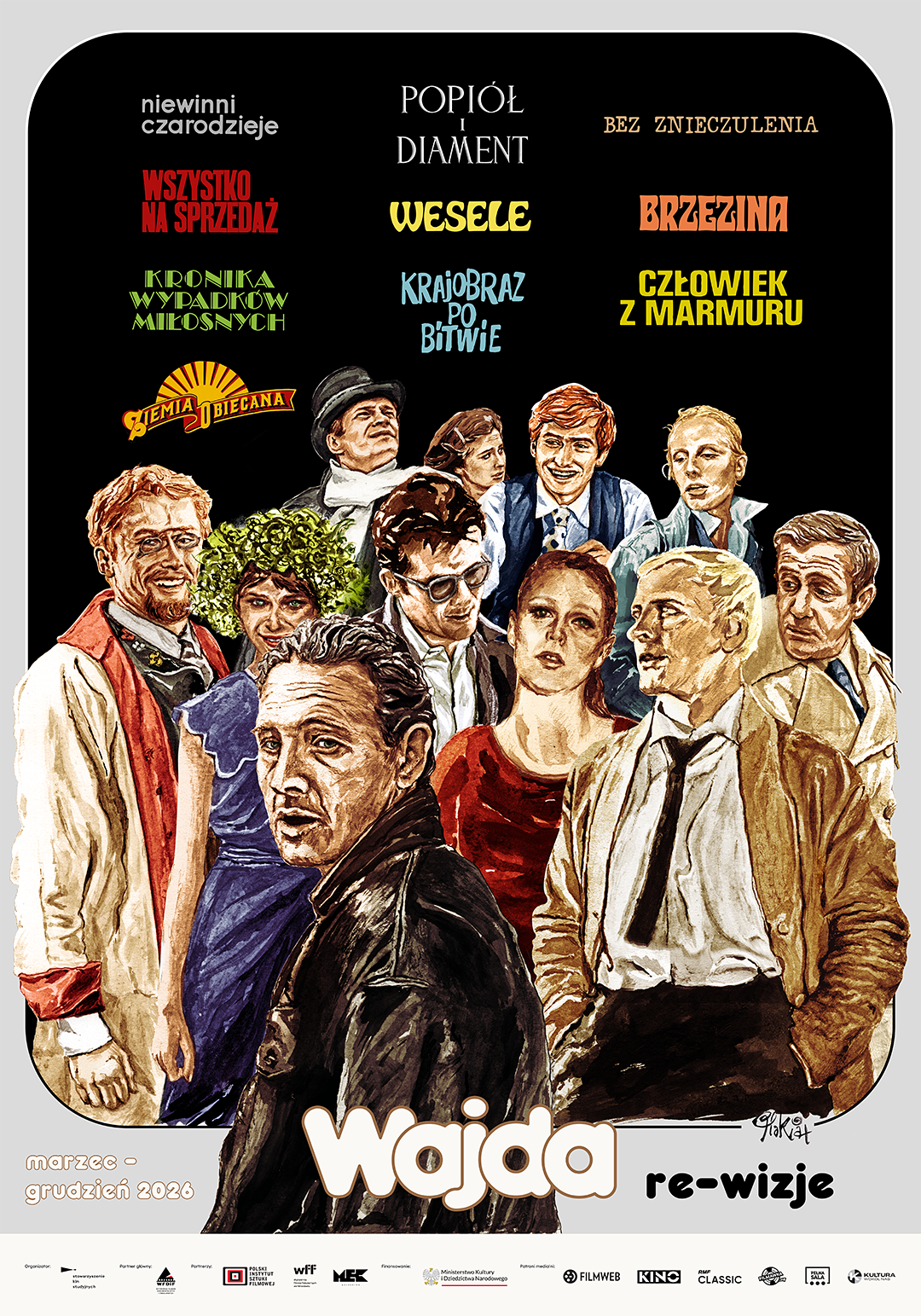plakat rysunkowy z aktorami, którzy grali w dziełach Andrzeja Wajdy, m.in. ZBigniew Cybulski, Daniel Olbrychski