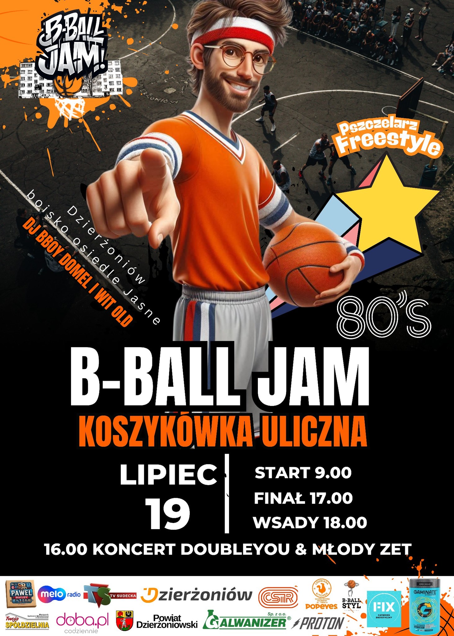 Plakat wydarzenia z informacjami podanymi w tekście i wygenerowną komputerowo grafiką koszykarza w bioło-czerwonej opasce na głowie