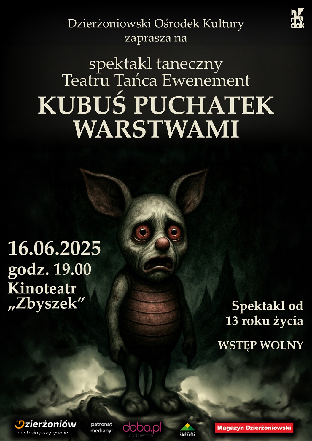 Plakat wydarzenia z grafiką komputerową trochę strasznego Kubusi Puchatka