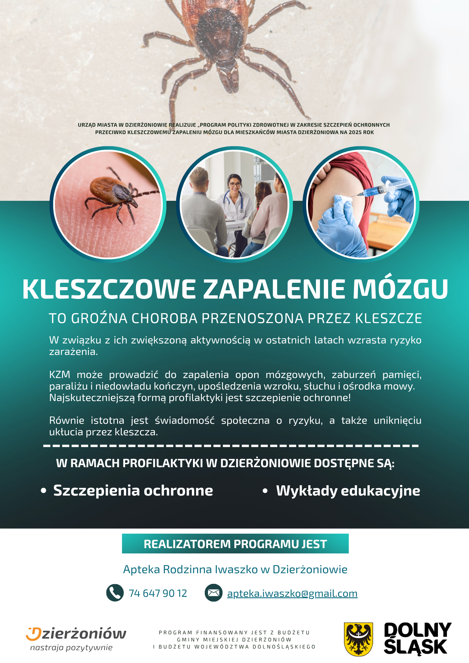 Plakat z informacjami podanymi w tekście i zdjęciem kleszcza