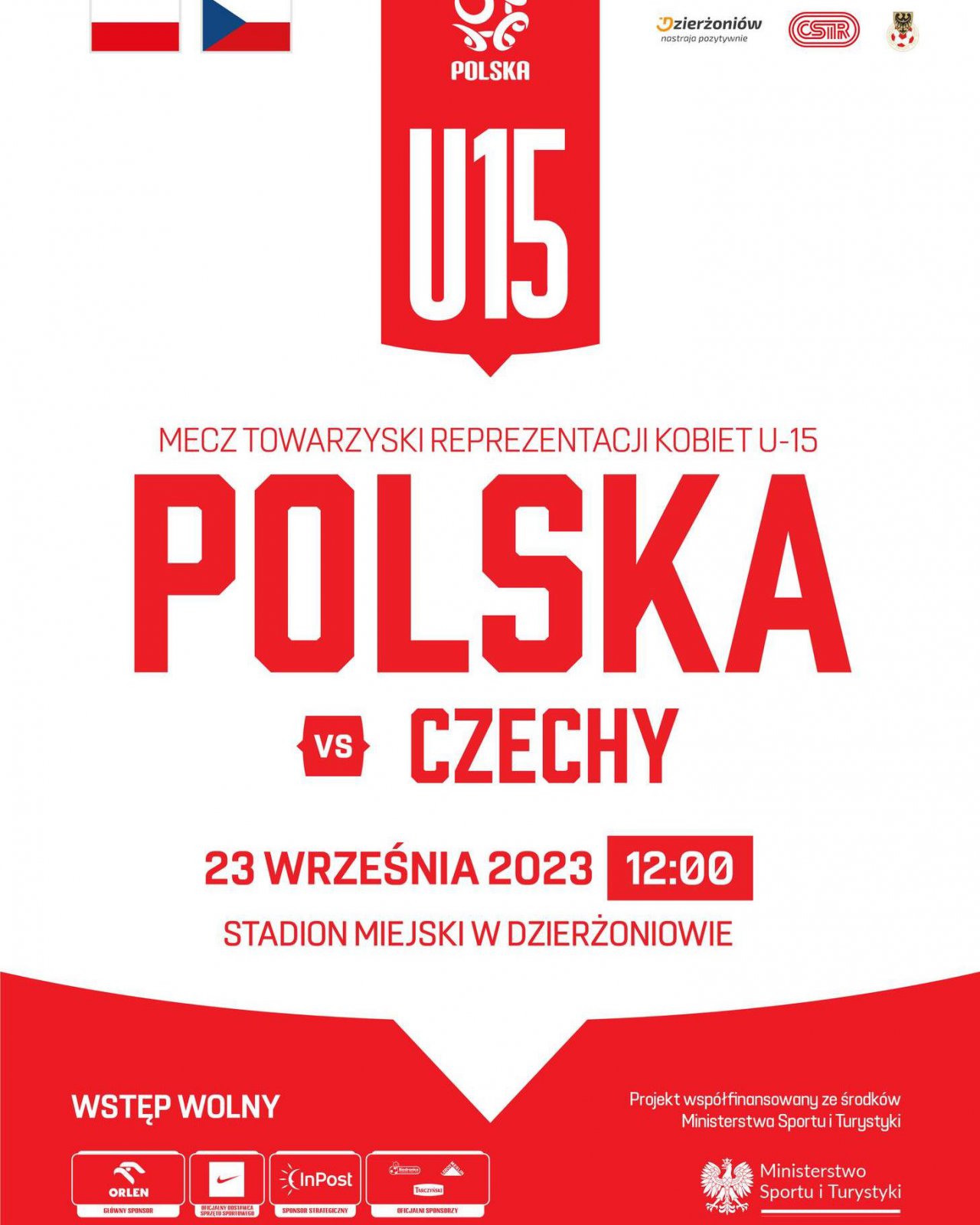 Plakat reklamujacy wydarzenie w biało-czerwonych barwach i informacje podane w tekście