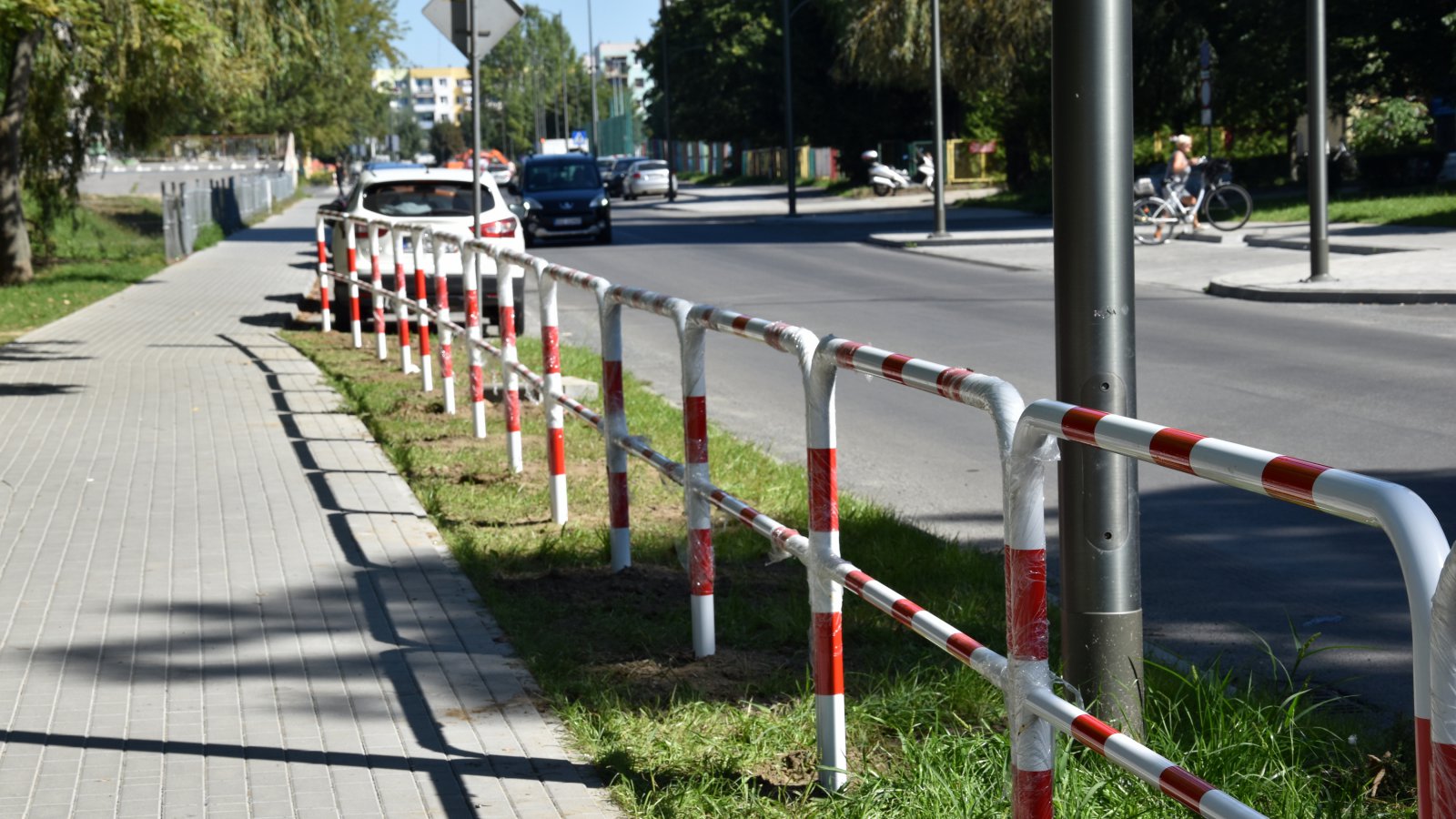 Chodnik odgrodzony ode drogi barierkami, w tle auta i zieleń