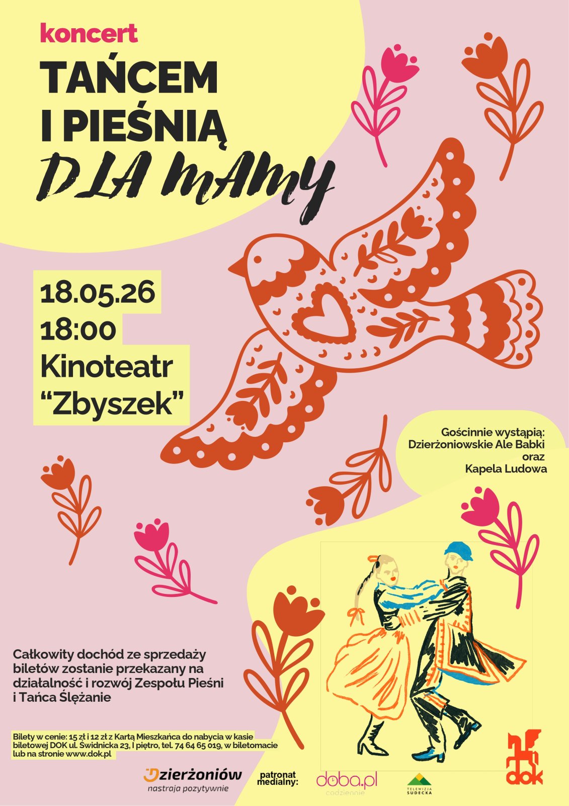 Plakat wydarzenia z rysunkami kwiatów i tańczących par i informacjami p-odanymi w tekście