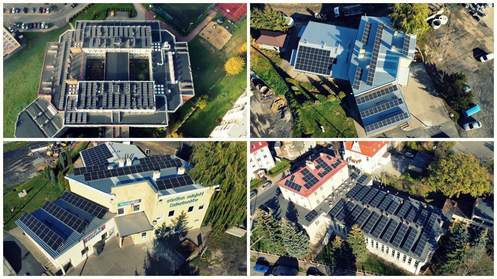 Kolaż zdjęć dachów budynków z instalacjami fotowltaicznymi