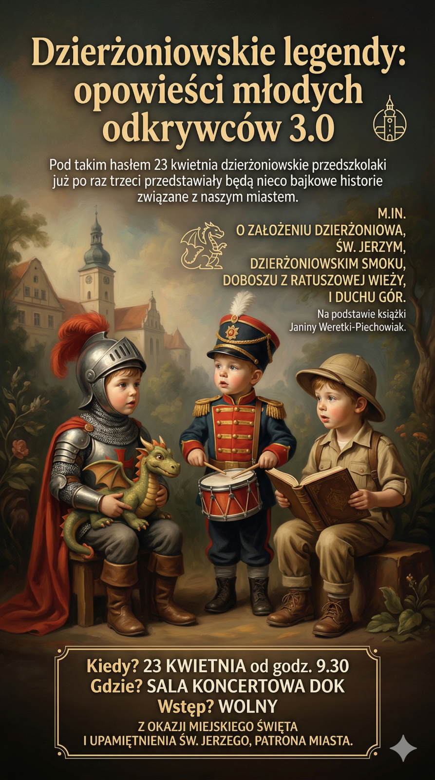 Plakat - informacje podane w tekście i zdjęcie Trzech chłopców w strojach z różnych epok trzymających na kolanach książkę, bębenek i smoka