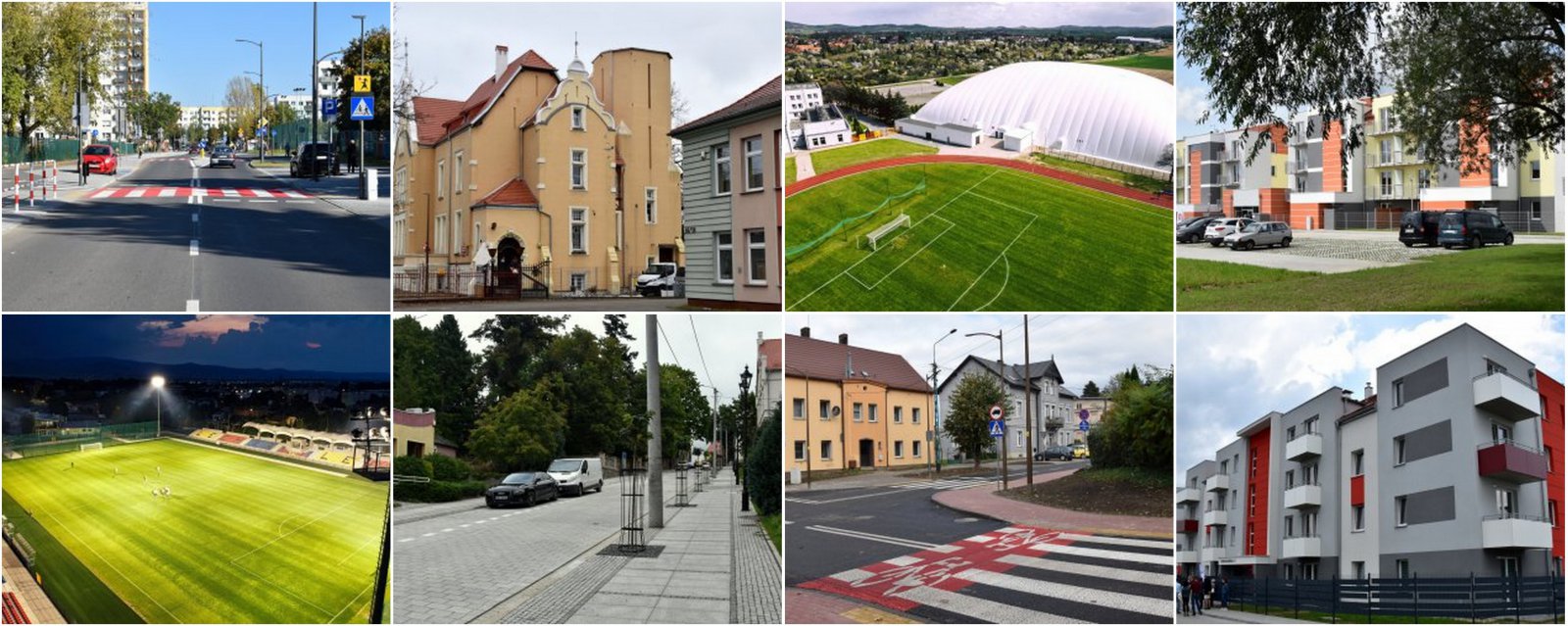 Kolaż zdjęć obiektów miesjkich, np. stadion, kamienice, drogi