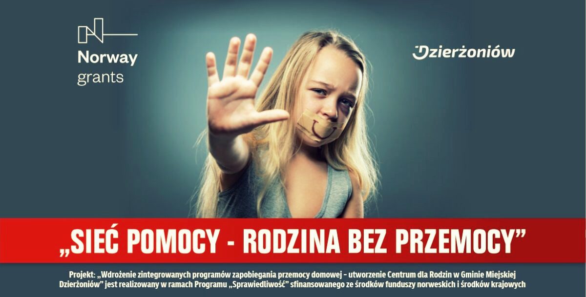 Plakat, dziewczynka z zaklejonymi taśmą ustami i napis Stop Przemocy