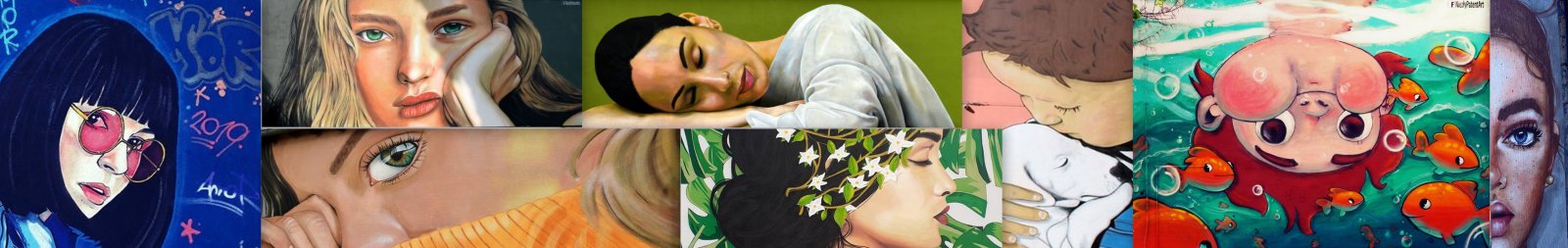 Kolaż ośmiu graffiti z twarzami kobiet