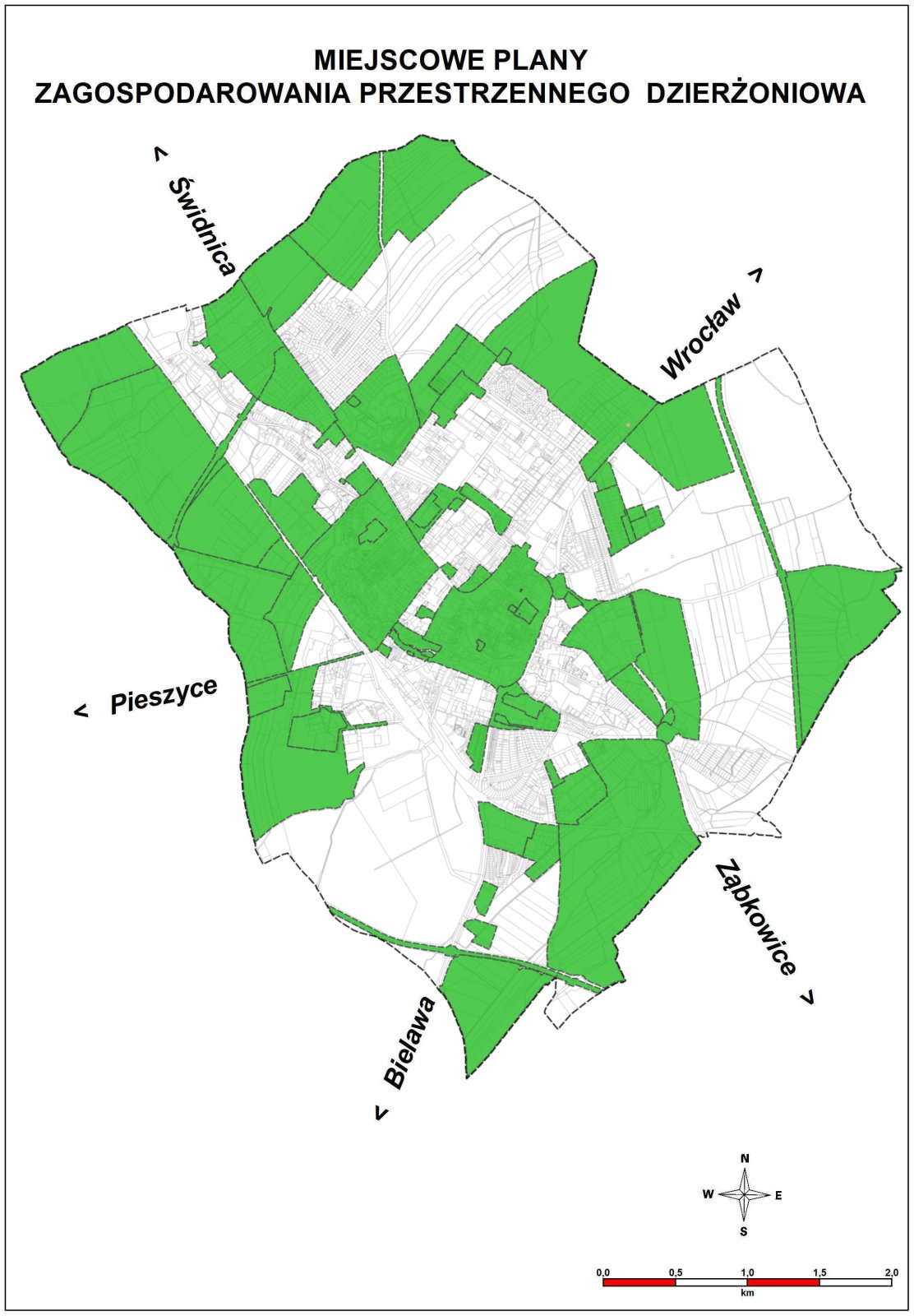 Graficzne przedstawie terenu Dzierżoniowa, na zielono zaznaczono tereny objęte planem zagopodarowania
