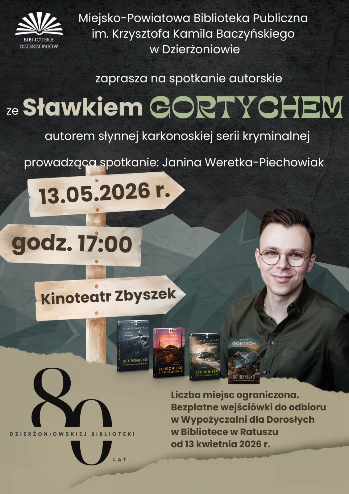 Plakat wydarzenia z informacjami podanymi w tekście i zdjeciem pisarza