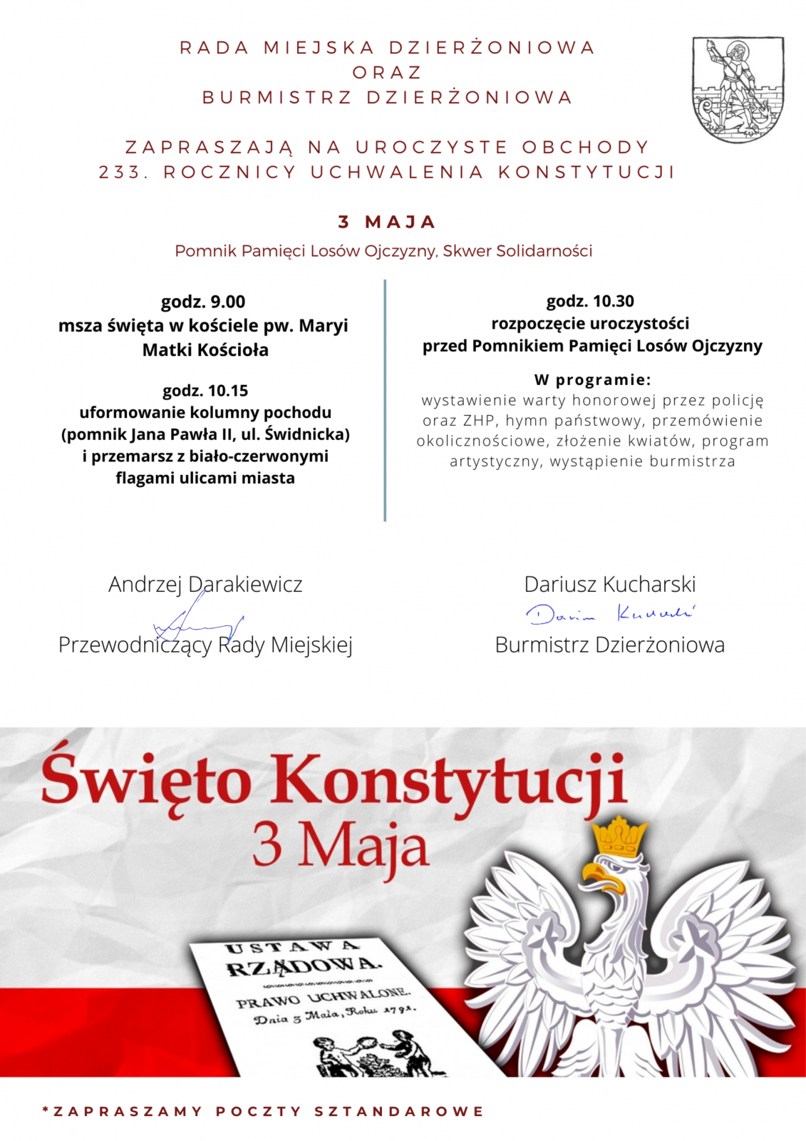 Plakat z informacjami zawartymi w tekście oraz flaga i godło Polski