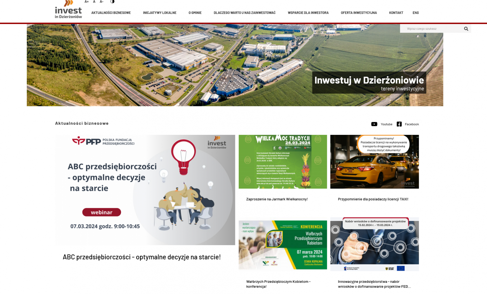 Widok strony internetowej ze zdjęciami zakładów produkcyjnych i zamieszczonymi informacjami
