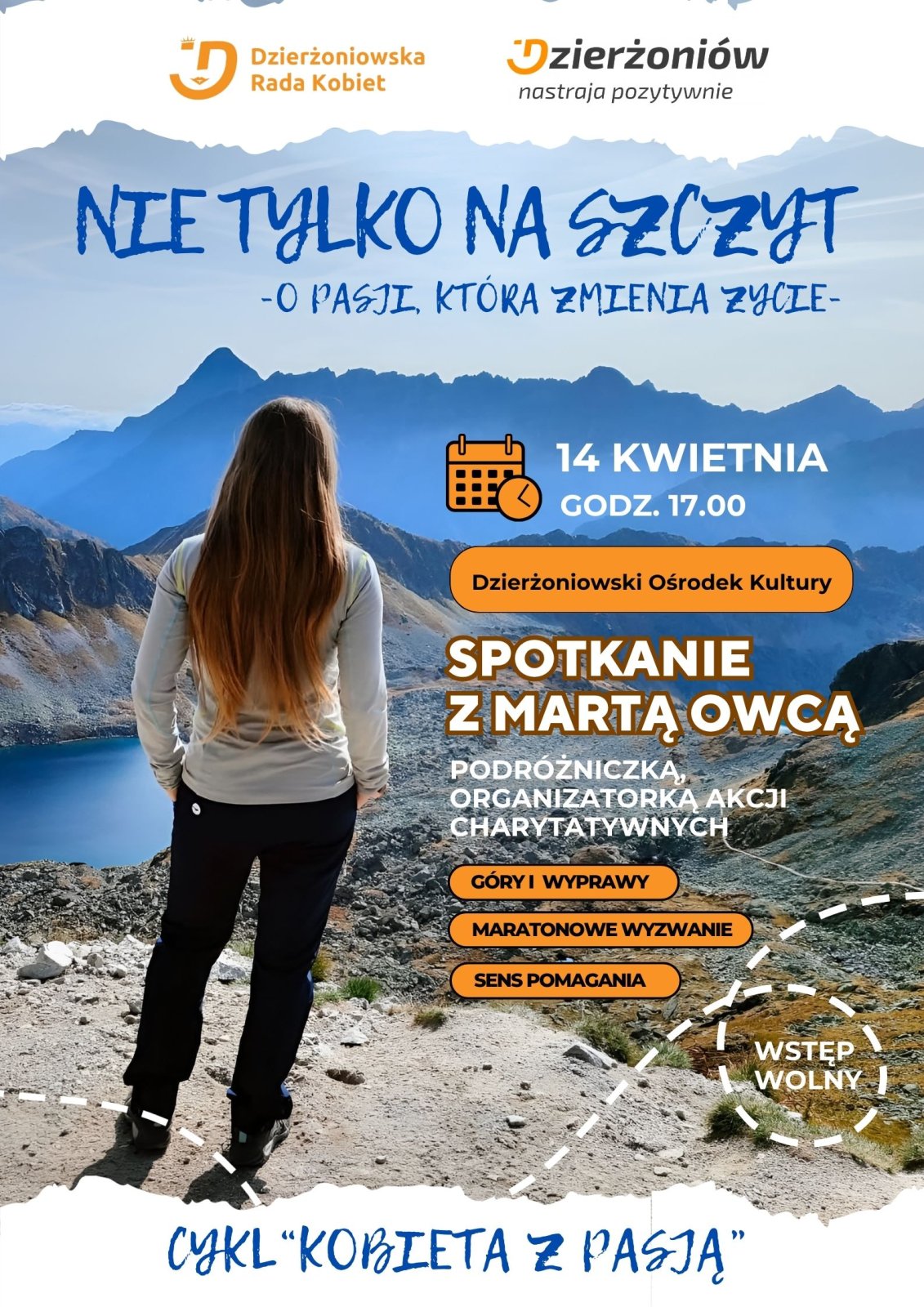 Plakat wydarzenia z bochaterką stojącą tyłeem, patrzącą na panoramę gór