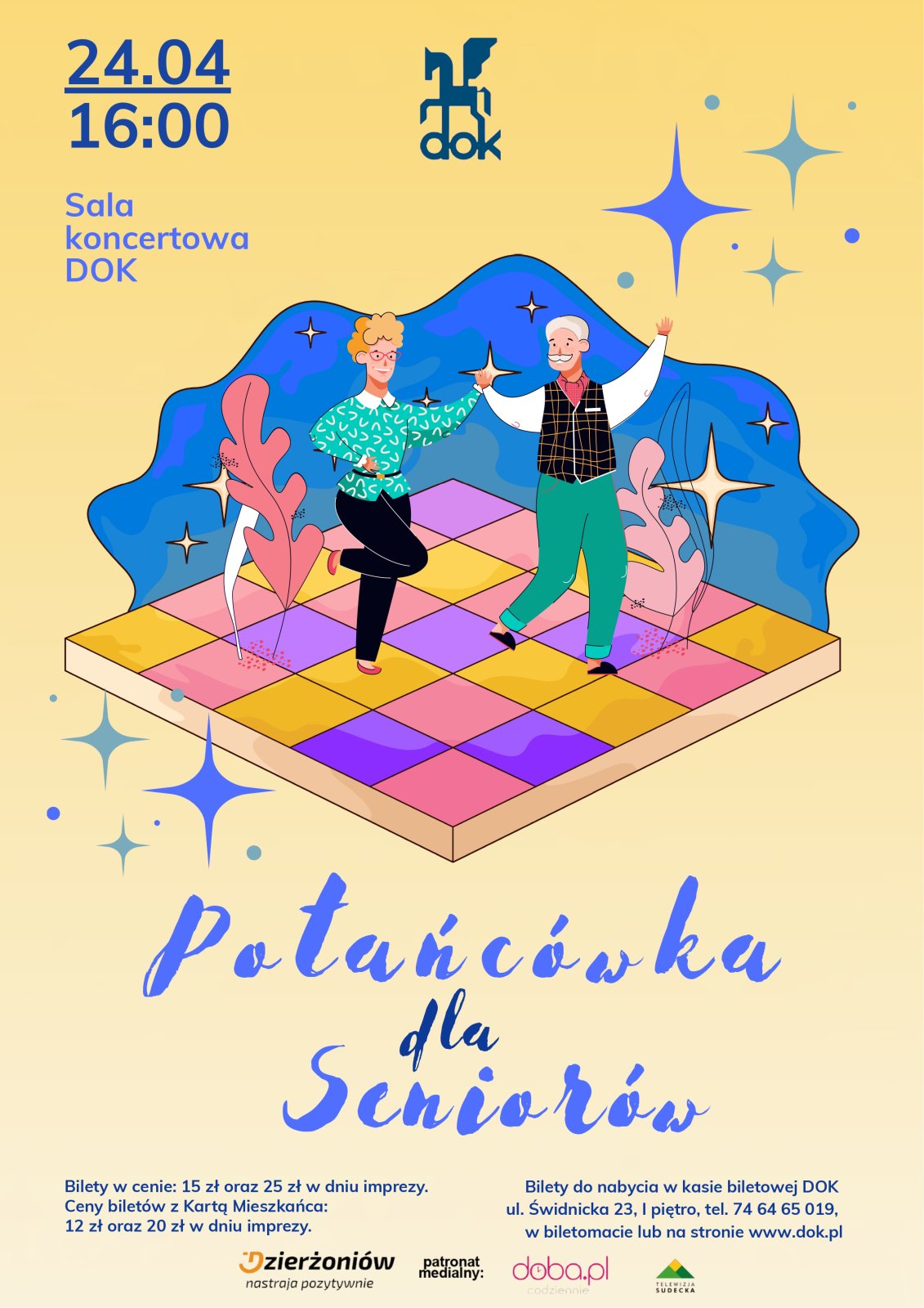 plakat wydarzenia z rysunkiem pary seniorów tańczących na kolorowym parkiecie