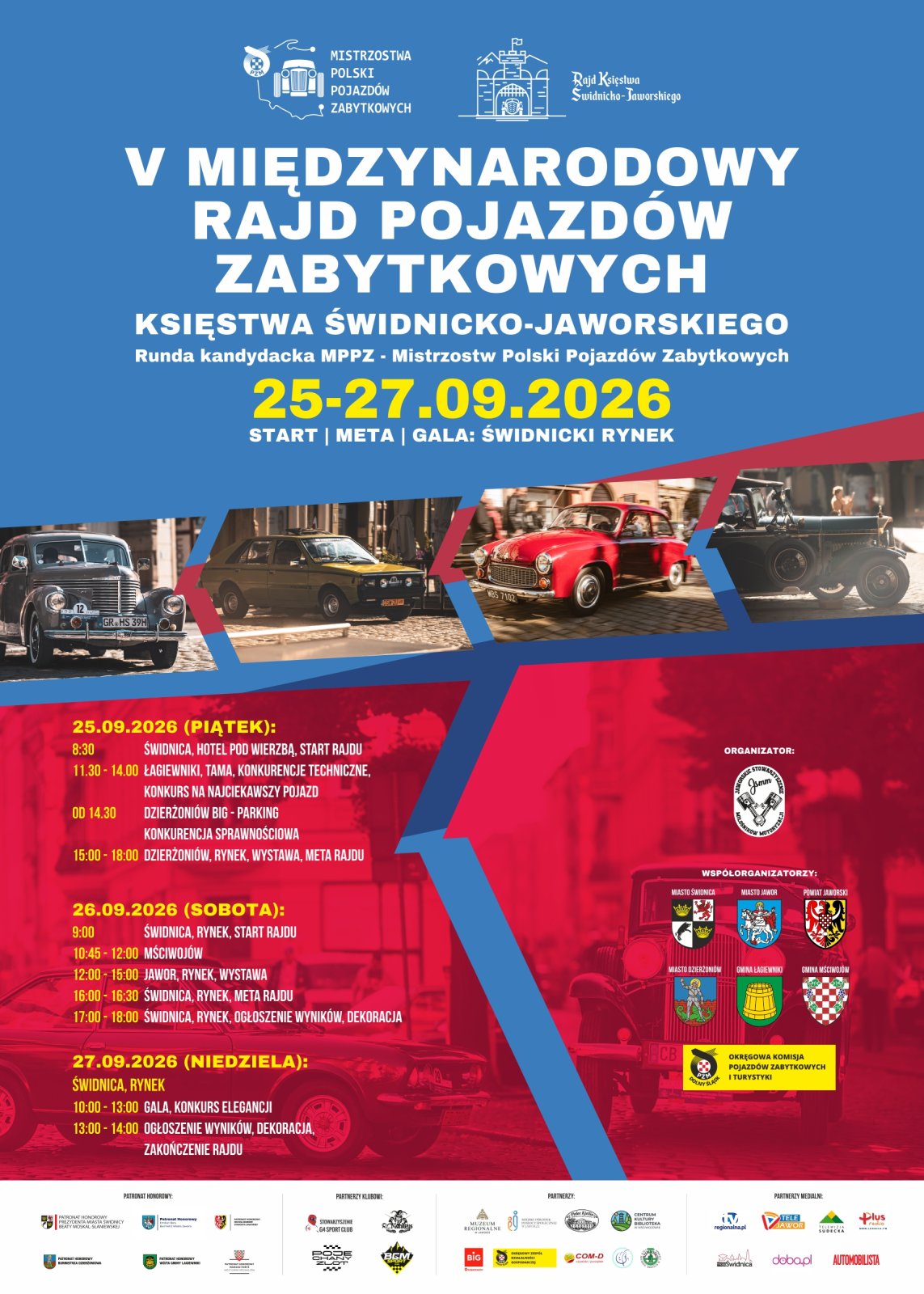 Plakat wydarzenia, niebieskie i czerwone tło i informacje podane w tekście