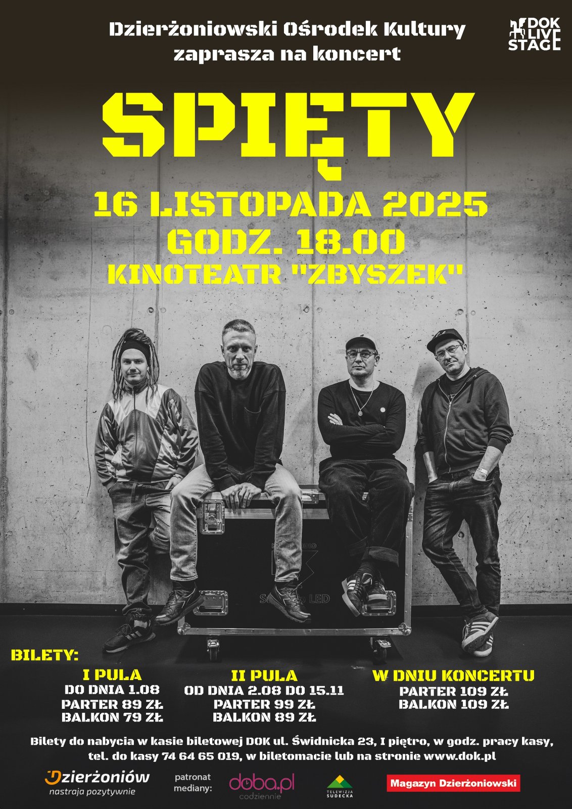 Plakat z informacjami podanymi w tekście i zdjęciem czterech muzyków
