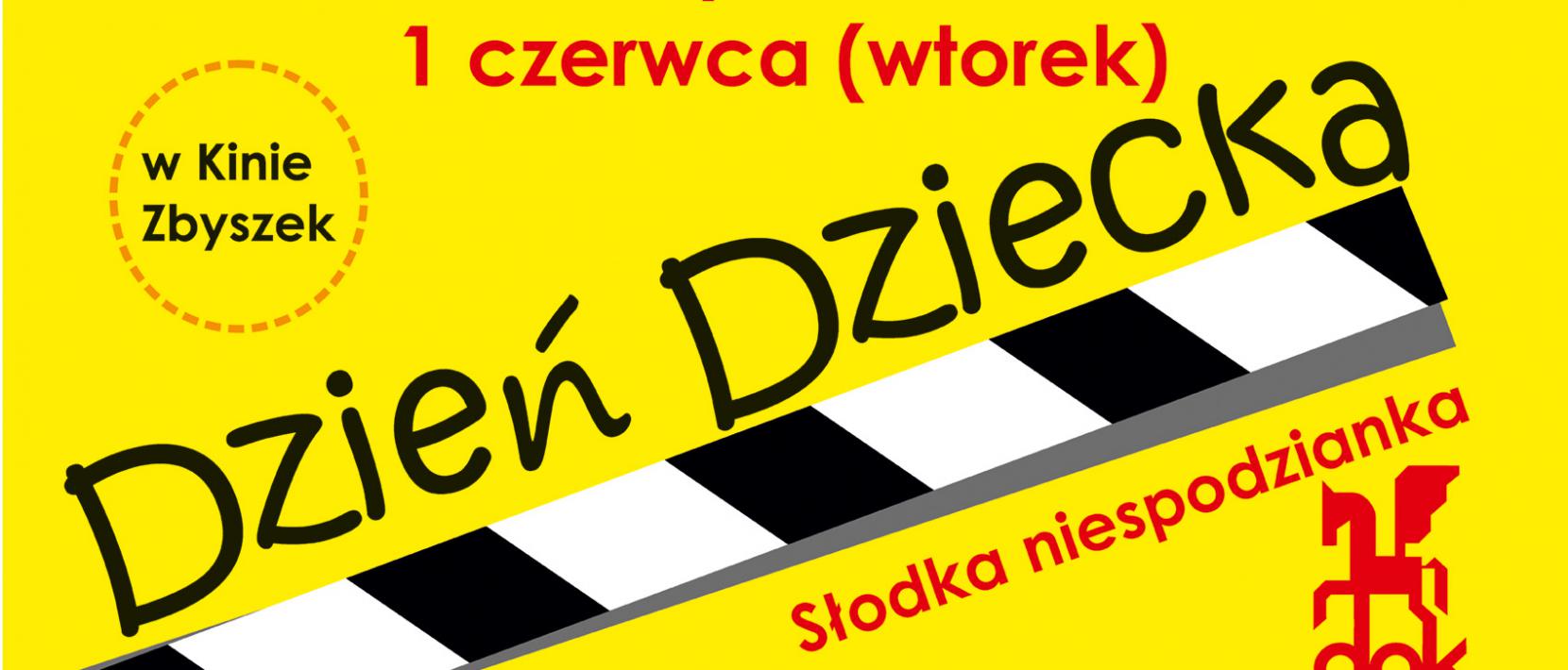 Czano-żółty plakat z napisem Dzień Dziecka i terminami projekcji filmów