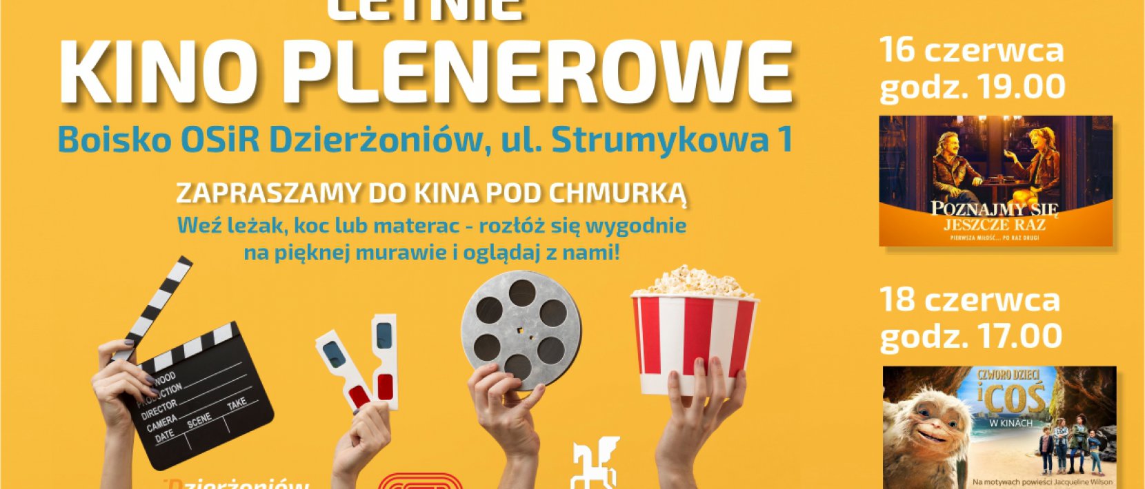 Plakat, na żółtym tle napis Kino Plenerowe