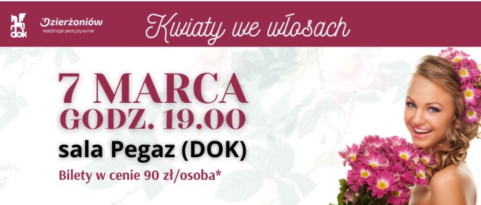 Grafika ozdobna ze zdjęciem kobiety z wiankiem kwiatów na głowie i bukietem w dłoniach