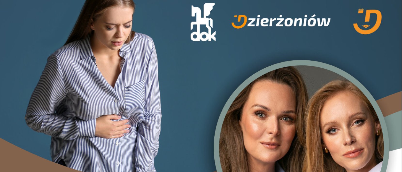 Kobieta w koszuli trzymająca się za brzuch z grymasem na twarzy, obok zdjęcie twarzy dwóch kobiet