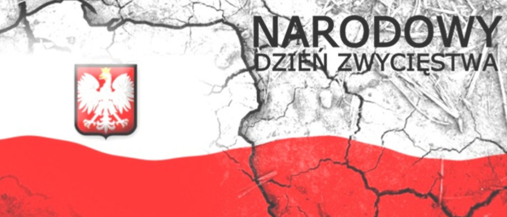 Napis Narodowy Dzień Zwycięstwa na tle Flagi Polski