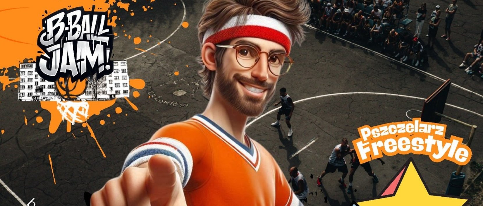 Wygenerowany komputerowo koszykaż z biało-czerwoną opaską na głowie, obok napis B-Ball