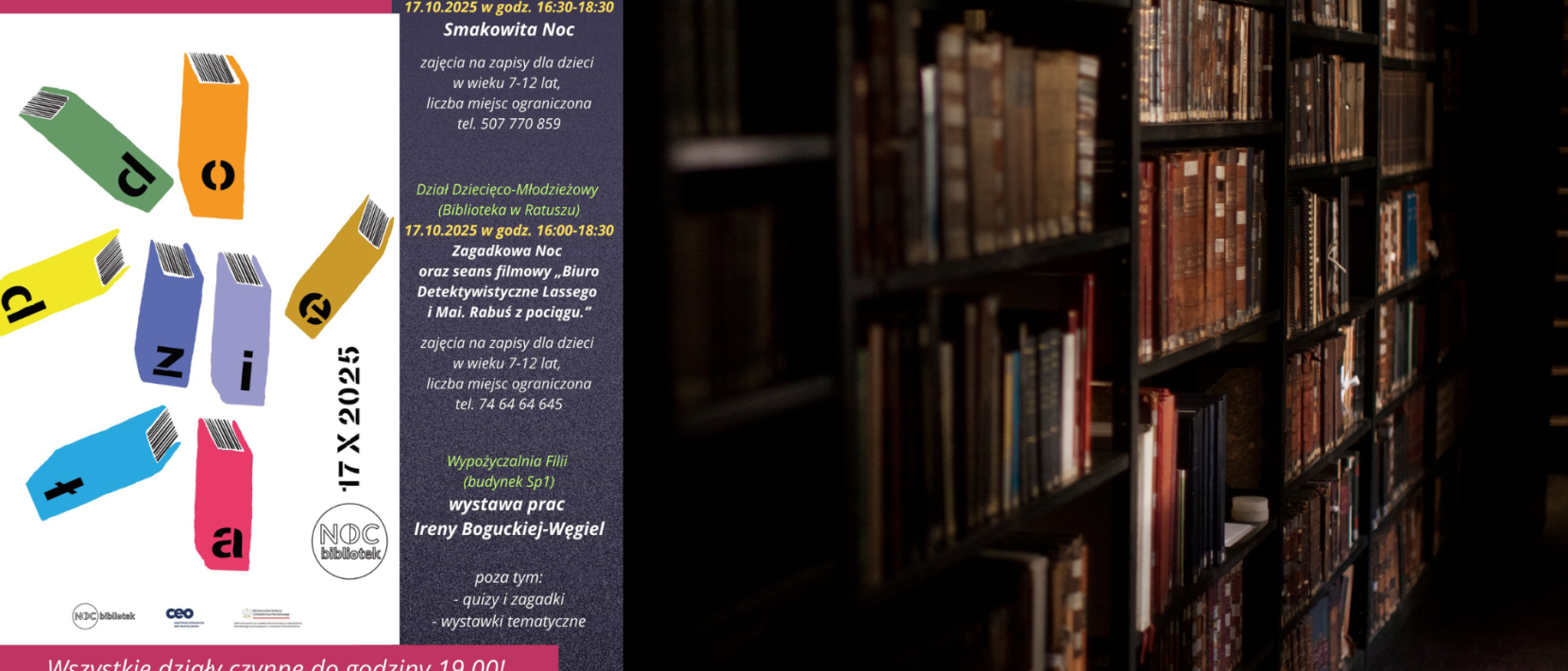 Zdjęcie półek z książkami nocną pora i plakat wydarzenia Noc Bibliotek