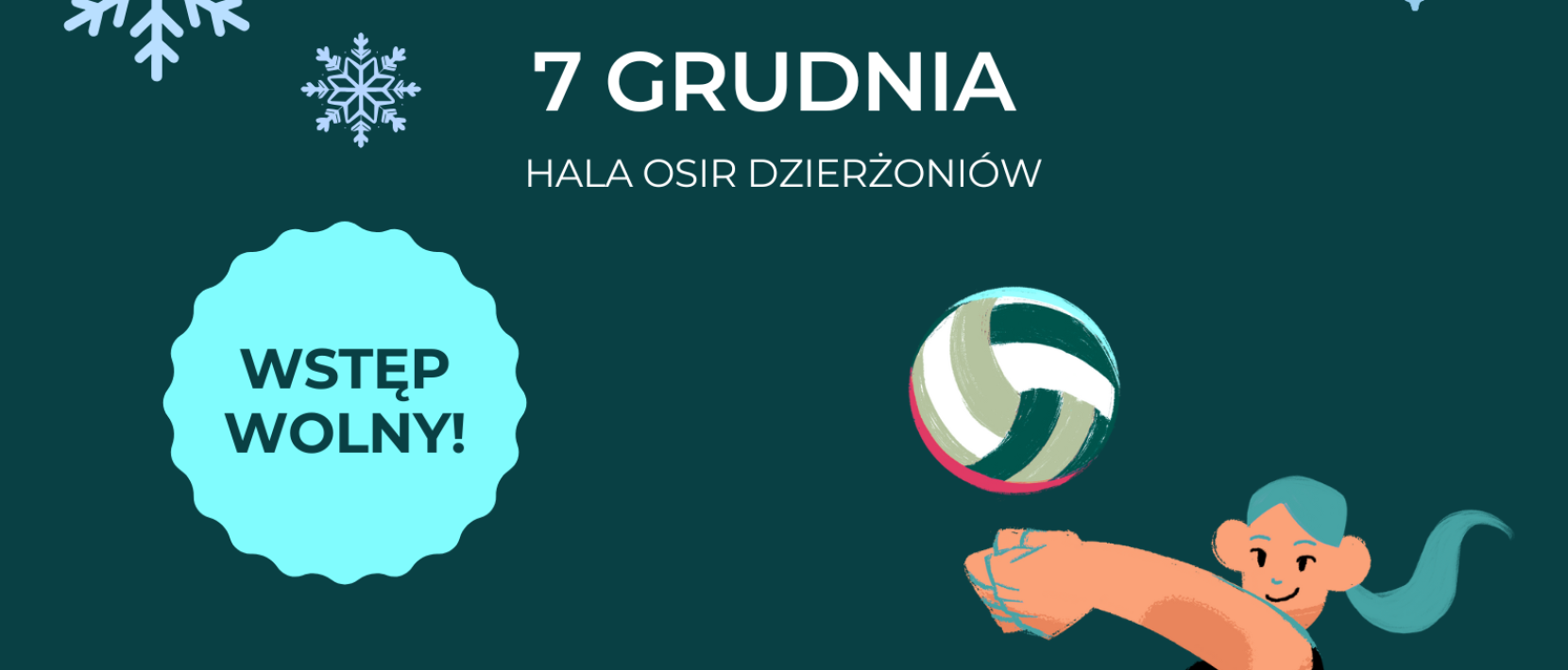 Plakat z napisem Mikołajkowy Turniej Piłki Siatkowej Kobiet i sylwetką kobiety odbijającej piłkę