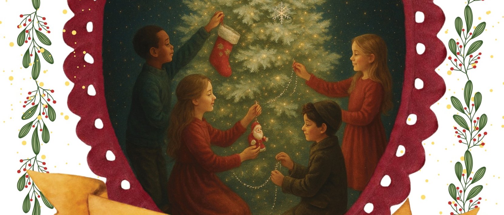 Plakat spektaklu z grafiką dzieci wieszających ozdoby na choince