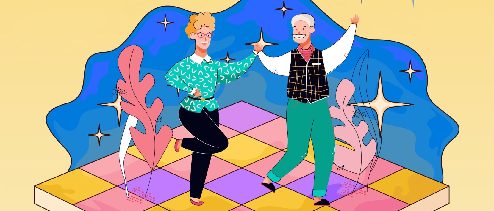 Rysunek tańczącej pary seniorów na kolorowym parkiecie, za nimi żółte i niebieskie tło