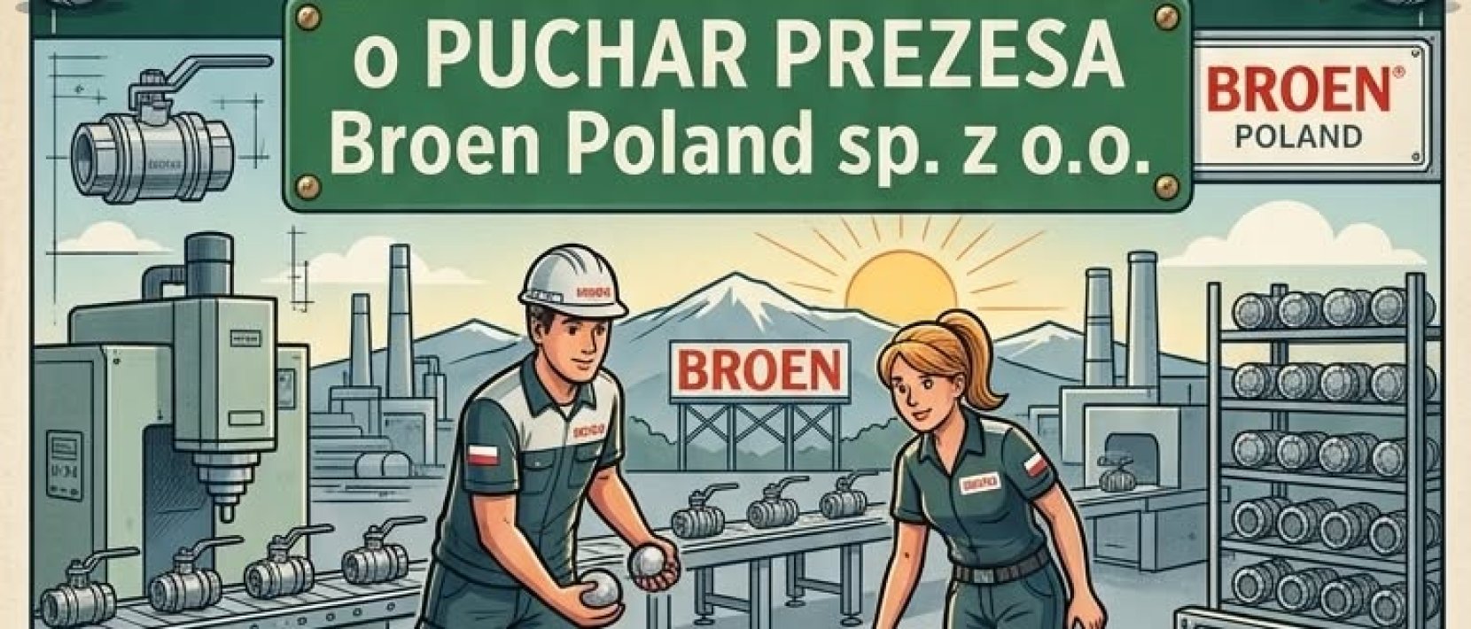 Plakat wydarzenia z rysunkiem pary grającej w bule na tle zakładów przmysłowych