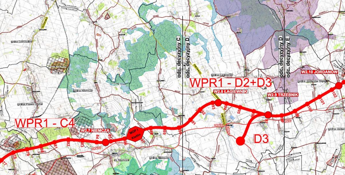 Mapa obrazująca przebieg nowej drogi ekspresowej z Wrocławia do Kłodzka