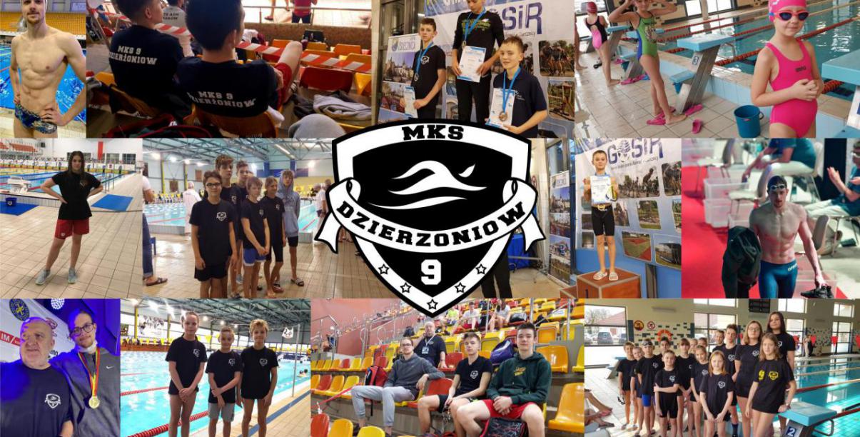 Kolaż zdjęć z zawodów pływackich, po środku logotyp klubu MKS 9
