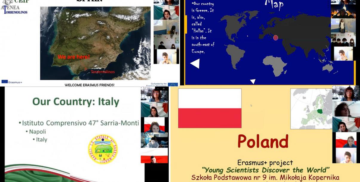 Uczniowie SP 9 spotkali sie online z rówieśnikami z Grecji, Hiszpanii i Włoch w ramach projektu Erasmus+ „Young Scientists Discover the World”