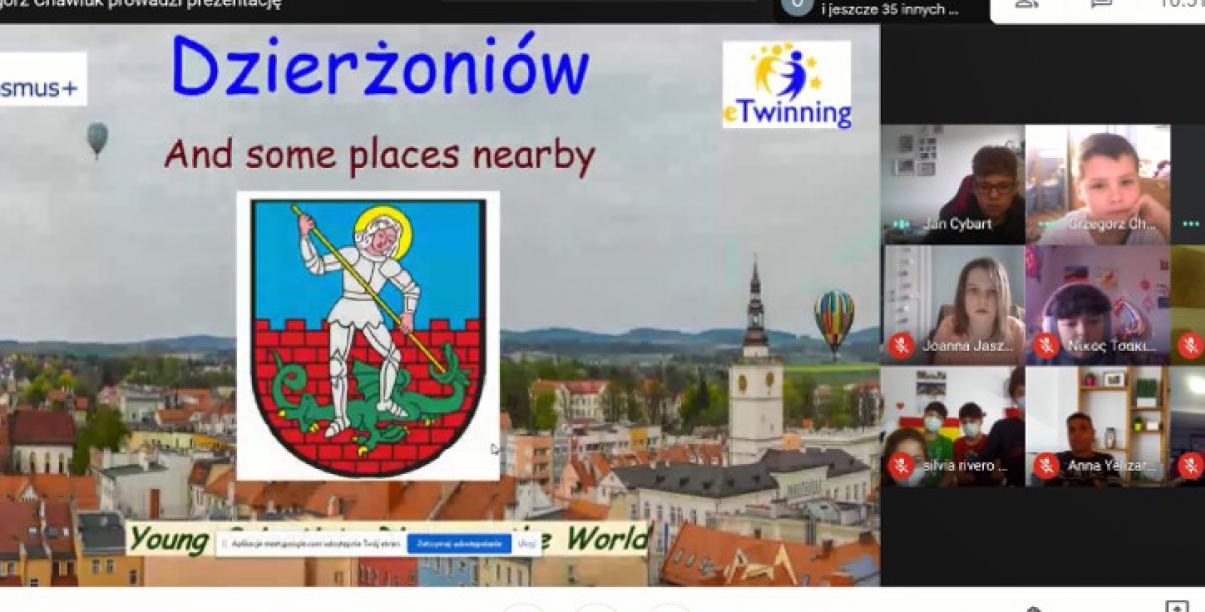 Screen monitora komputera - uczniowie podczas spotkania online prezentują swoje miasto - Dzierżoniów