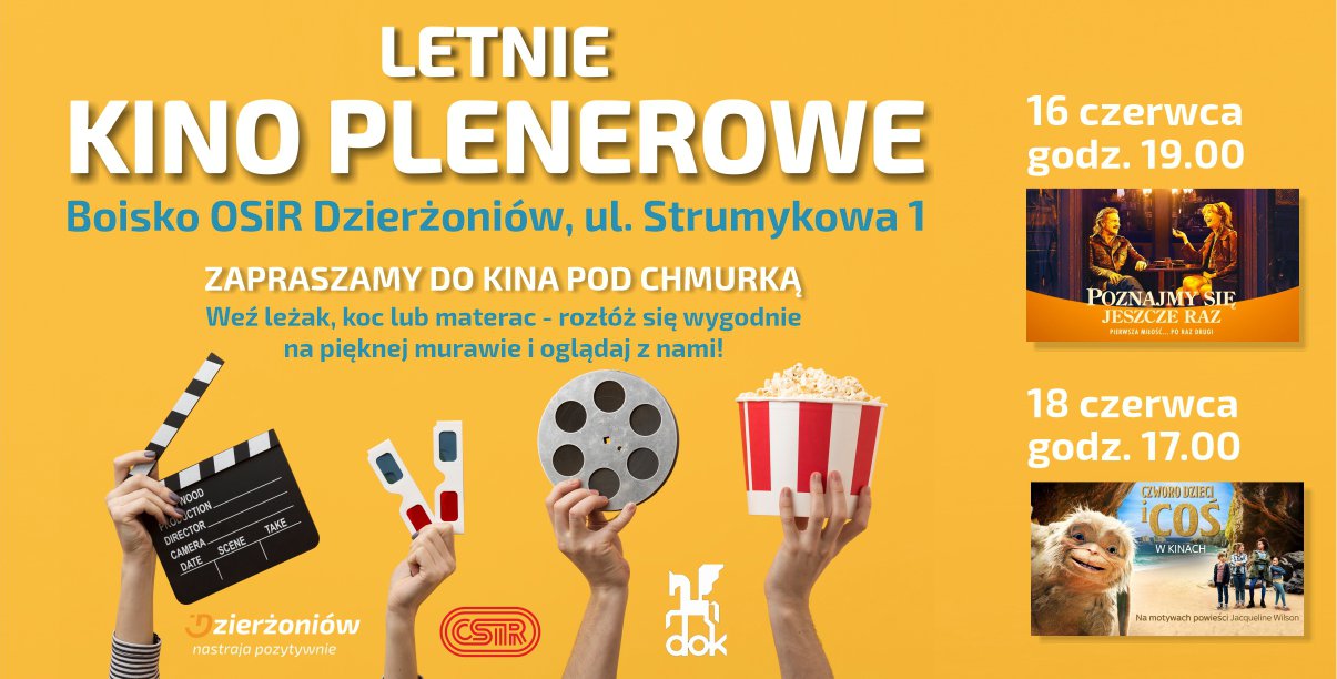 Grafika. Na żółtym tle napis Kino Plenerowe oraz tytuły daty emisji filmów