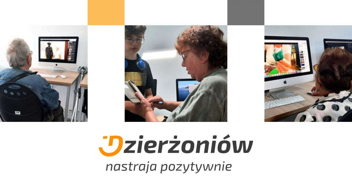Kolaż zdjęć na których seniorzy uczą się obsługi komputera, logo Dzierżoniowa z hasłem Dzierżoniów nastraja pozytywnie