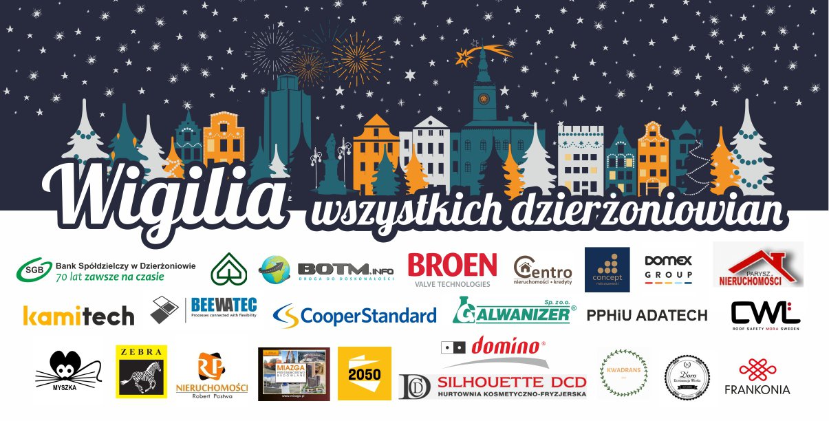 Grafika z granatowym tłem, rysunkami kamienic, napisem Wigilia i logami kilkunastu firm
