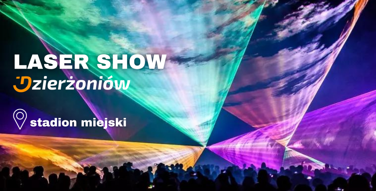 Napis Laser show na tle zdjęcia z pokazu laserowego