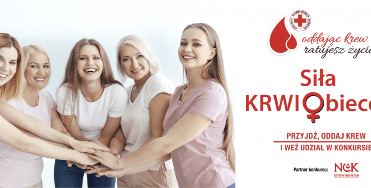 Pięć uśmiechniętych kobiet trzymających się za ręce i napis Oddając Krew Ratujesz Życie