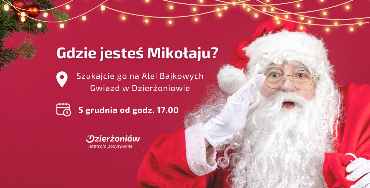 Mikołaj w okularach i białych rękawiczkach, czerwone tło