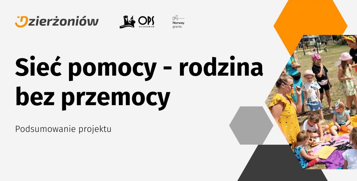 Grafika ze zdjęciem dzieci i napisem Sieć pomocy  - rodzina bez przemocy, podsumowanie projektu oraz logotypy Dzierżoniowa, OPS oraz funduszy norweskich